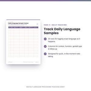 May include: A Daily Language Sample Tracker document featuring a grid with 20 rows for logging language data. The header includes columns for date, activity, sample, communication function, gestalt type, and follow-up. Text includes Page 2 Daily Tracking.