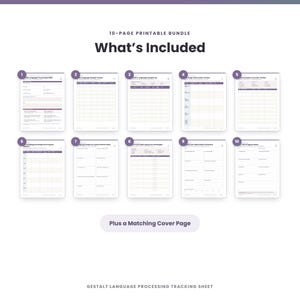 May include: A 10-page printable bundle titled What's Included, featuring ten numbered document templates for Gestalt language processing tracking, including profiles, trackers, logs, and observation summaries, plus a matching cover page.