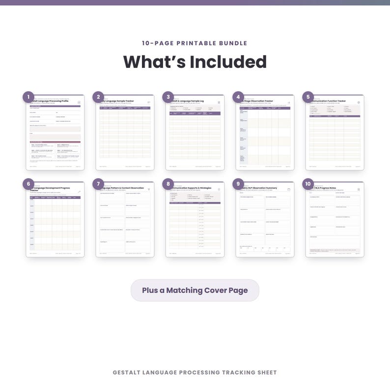 May include: A 10-page printable bundle titled What's Included, featuring ten numbered document templates for Gestalt language processing tracking, including profiles, trackers, logs, and observation summaries, plus a matching cover page.