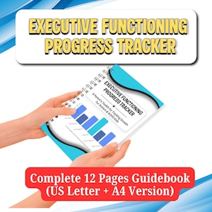 Könnte beinhalten: Ein spiralgebundenes Handbuch zur Verfolgung der exekutiven Funktionen mit blau-weißem Einband. Das Cover zeigt ein Balkendiagramm und den Text: Executive Functioning Progress Tracker, A Parent's Toolkit for Tracking Growth For Autism & ADHD Kids.