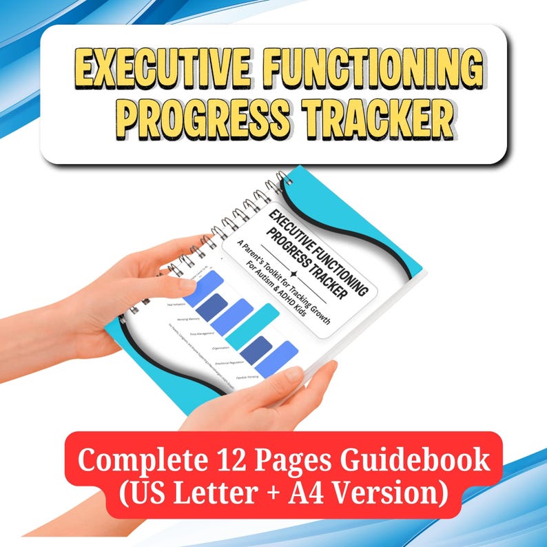 May include: A spiral-bound Executive Functioning Progress Tracker guidebook with a blue and white cover. The cover features a bar graph and the text: Executive Functioning Progress Tracker, A Parent's Toolkit for Tracking Growth For Autism & ADHD Kids.