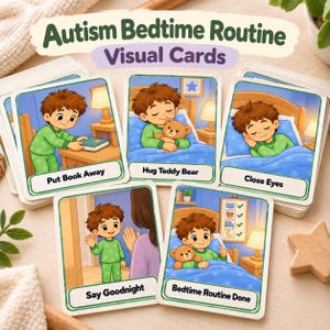 May include: A set of Autism Bedtime Routine Visual Cards featuring illustrations of a child in green pajamas performing tasks like putting a book away, hugging a teddy bear, closing eyes, saying goodnight, and completing the routine.