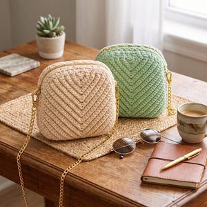 Könnte beinhalten: Zwei gehäkelte Umhängetaschen, eine in Beige und eine in Hellgrün, mit einem Fischgrätenmuster, goldfarbenen Metallreißverschlüssen und passenden goldfarbenen Kettenschulterriemen. Die Taschen haben eine strukturierte, abgerundete Form.