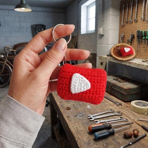 Pode incluir: Um porta-chaves retangular de crochê vermelho com um ícone de botão de reprodução triangular branco no centro. O item está preso a uma argola de metal prateado. A textura do fio é visível, exibindo um padrão de pontos consistente.