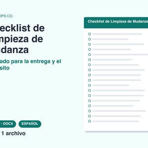 May include: A digital document titled Checklist de Limpieza de Mudanza with the subtitle Pensado para la entrega y el depósito. The document features a dark green header and a white list area with multiple checkboxes for cleaning tasks in Spanish.
