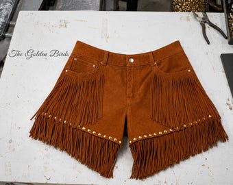Handgemaakte bruine suède leren shorts met franjes | Western Cowgirl Festival