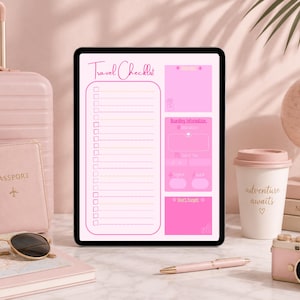 May include: A digital tablet displaying a pink travel checklist template with sections for boarding information and notes. The screen features the text Travel Checklist, Boarding Information, and Don't Forget, organized in a clean, grid-like layout.