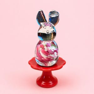 Blenko Art Glass Bunny Paperweight Figurine Pink & White Floral Swirl | Handcrafted Crystal Rabbit | 4.5”