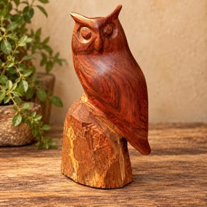 May include: A hand-carved wooden owl figurine featuring a smooth, polished reddish-brown body with visible wood grain patterns. The owl is perched atop a textured, rough-hewn wooden base that retains the natural bark-like appearance.