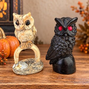 May include: Two owl figurines standing side by side. The left owl is cream-colored with dark eyes, perched on a curved branch base. The right owl is black with textured feathers and two bright red circular eyes, perched on a solid round base.