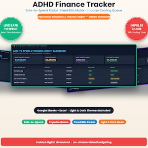 ADHD-budgetplanerare Google Sheets och Excel | Impulsutgiftsspårare, Safe-to-Spend-instrumentpanel, Neurodivergent månatligt ekonomikalkylblad