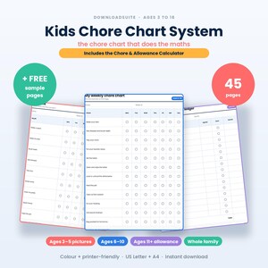 May include: A digital kids chore chart system with 45 pages, including a chore and allowance calculator. The document features weekly charts with checkboxes for tasks like making beds and feeding pets, designed for ages 3 to 16, in US Letter size.