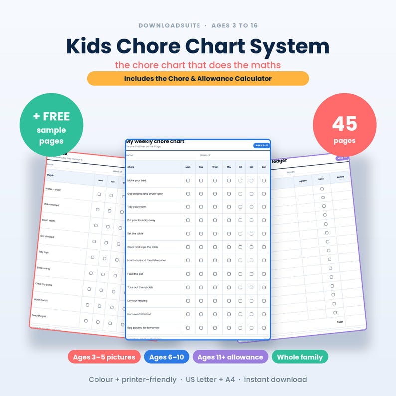 May include: A digital kids chore chart system with 45 pages, including a chore and allowance calculator. The document features weekly charts with checkboxes for tasks like making beds and feeding pets, designed for ages 3 to 16, in US Letter size.