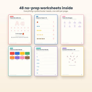 Puede incluir: Una colecci&oacute;n de 48 hojas de trabajo sin preparaci&oacute;n para preescolares, que presenta seis p&aacute;ginas de muestra con actividades como trazar la letra Aa, contar y trazar los n&uacute;meros del 1 al 5, trazar formas, identificar colores, trazar primeras palabras y unir puntos del 1 al 10.
