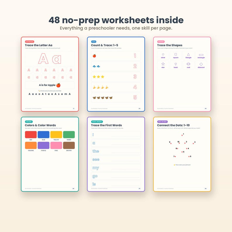 Puede incluir: Una colecci&oacute;n de 48 hojas de trabajo sin preparaci&oacute;n para preescolares, que presenta seis p&aacute;ginas de muestra con actividades como trazar la letra Aa, contar y trazar los n&uacute;meros del 1 al 5, trazar formas, identificar colores, trazar primeras palabras y unir puntos del 1 al 10.
