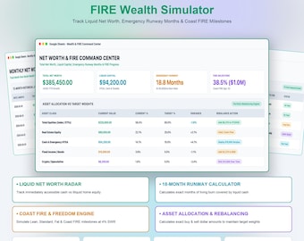 Suivi du patrimoine et calcul de l'indépendance financière (FIRE) : feuilles de calcul Google Sheets et Excel | Tableau de bord Liquid Runway, répartition des actifs, simulateur de patrimoine retraite