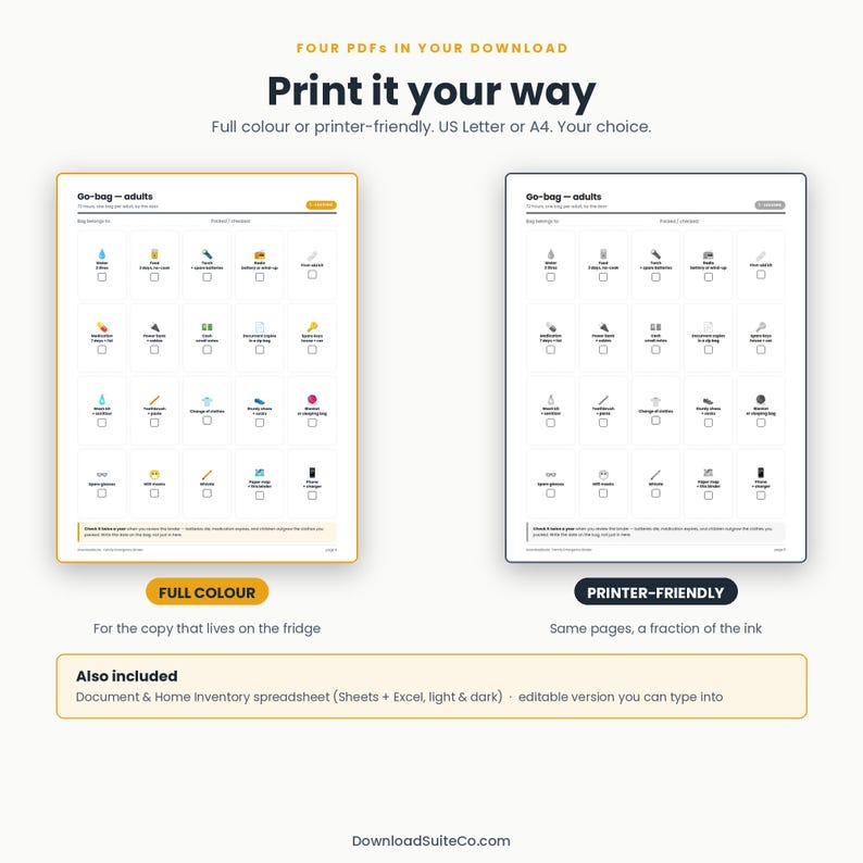 Pu&ograve; includere: Un set di download digitale che include due versioni di una lista di controllo Go-bag per adulti, una a colori e una in bianco e nero adatta alla stampa. Le pagine includono icone e testo per le forniture di emergenza e fogli di inventario.