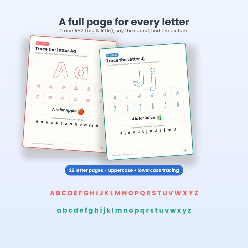 Puede incluir: Hojas de actividades educativas para ni&ntilde;os con ejercicios de caligraf&iacute;a. Dos p&aacute;ginas de muestra presentan las letras A y J en may&uacute;sculas y min&uacute;sculas con las palabras Apple y Juice. El texto dice A full page for every letter.