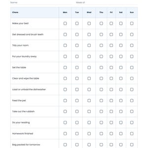 May include: A white weekly chore chart for ages 6-10 with a grid layout. The header reads My weekly chore chart, The one that lives on the fridge. It includes columns for days of the week and rows for tasks like Make your bed and Feed the pet.