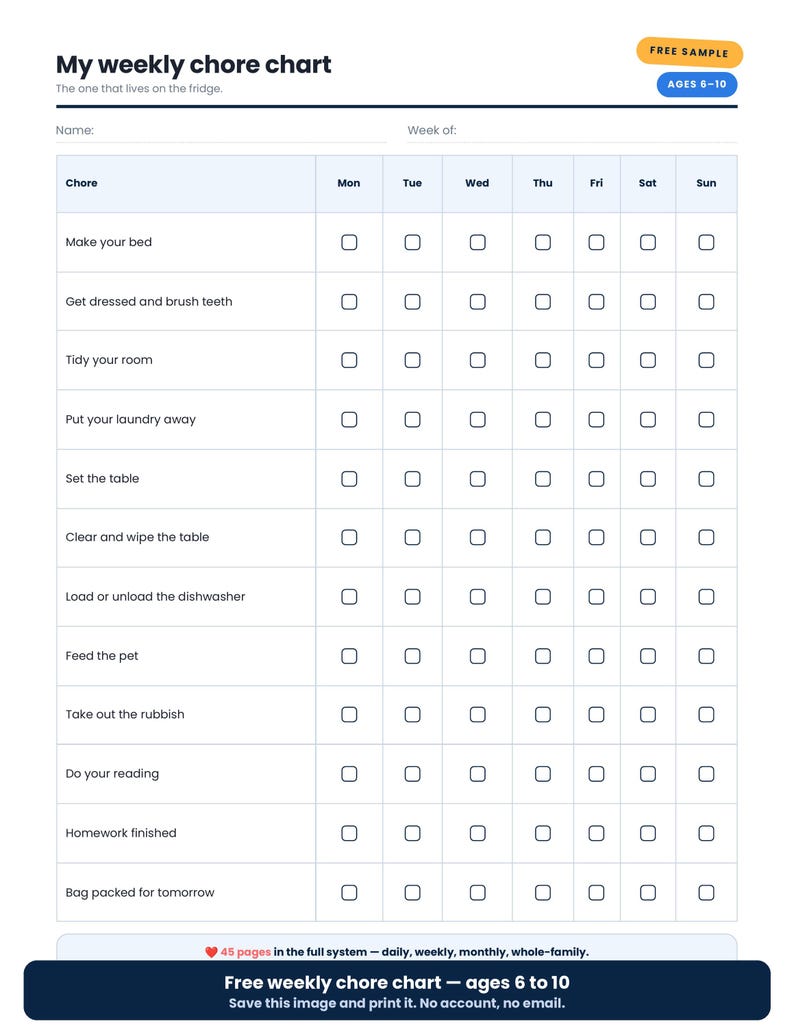 May include: A white weekly chore chart for ages 6-10 with a grid layout. The header reads My weekly chore chart, The one that lives on the fridge. It includes columns for days of the week and rows for tasks like Make your bed and Feed the pet.