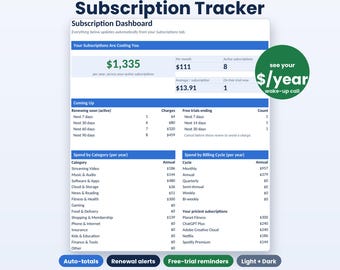 Feuille de calcul de suivi des abonnements pour Google Sheets et Excel, Gestionnaire d'abonnements, Suivi des factures et des paiements récurrents, Planificateur de budget