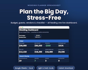 Planificateur de mariage (Google Sheets et Excel), suivi du budget, liste des invités, confirmation de présence, liste des prestataires et liste de tâches, tableau de bord automatique, mode clair et sombre.
