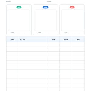 May include: A white printable financial tracking sheet titled Save, Spend, Give. It features three rectangular boxes labeled Save, Spend, and Give with corresponding green, blue, and red tags, plus a large table below for recording dates and amounts.