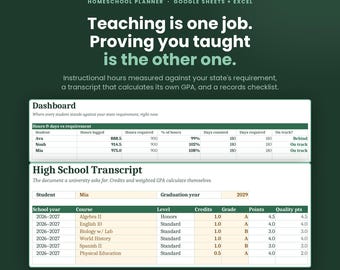 Homeschool Planner Spreadsheet | Attendance Tracker, Gradebook, High School Transcript + GPA | Google Sheets + Excel