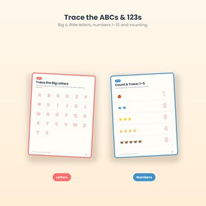 Op de afbeelding: Twee educatieve werkbladen getiteld Trace the ABCs & 123s. Het linkerblad heeft een rode rand en bevat hoofdletters A tot en met Z om over te trekken. Het rechterblad heeft een blauwe rand en toont de cijfers 1 tot en met 5 met iconen.