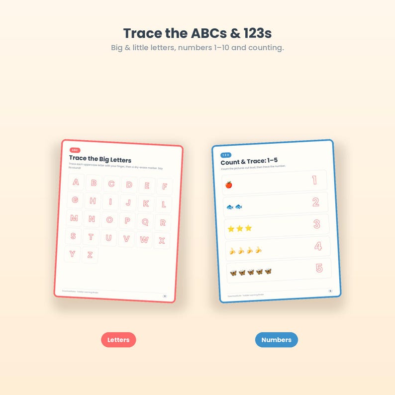 Op de afbeelding: Twee educatieve werkbladen getiteld Trace the ABCs & 123s. Het linkerblad heeft een rode rand en bevat hoofdletters A tot en met Z om over te trekken. Het rechterblad heeft een blauwe rand en toont de cijfers 1 tot en met 5 met iconen.