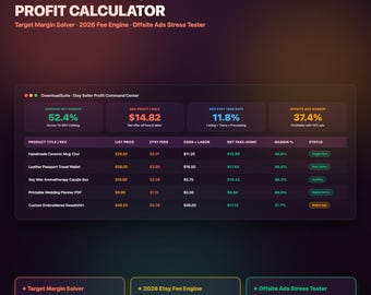Calculateur de frais Etsy (feuille de calcul Google Sheets et Excel) | Outil de tarification Etsy, calculateur de marge bénéficiaire, tableau de bord vendeur des frais de publicité hors site