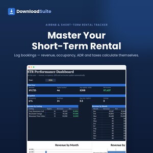 May include: A digital short-term rental tracker dashboard titled DownloadSuite. The interface displays an STR Performance Dashboard for 2026, featuring tables for revenue, occupancy, ADR, net income, and monthly earnings for various rental listings.