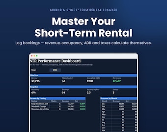 Feuille de calcul Airbnb, Suivi des locations de courte durée pour les hôtes, Suivi des revenus et dépenses liés aux réservations, Taux d'occupation + Taxe ADR et Annexe E, Google Sheets