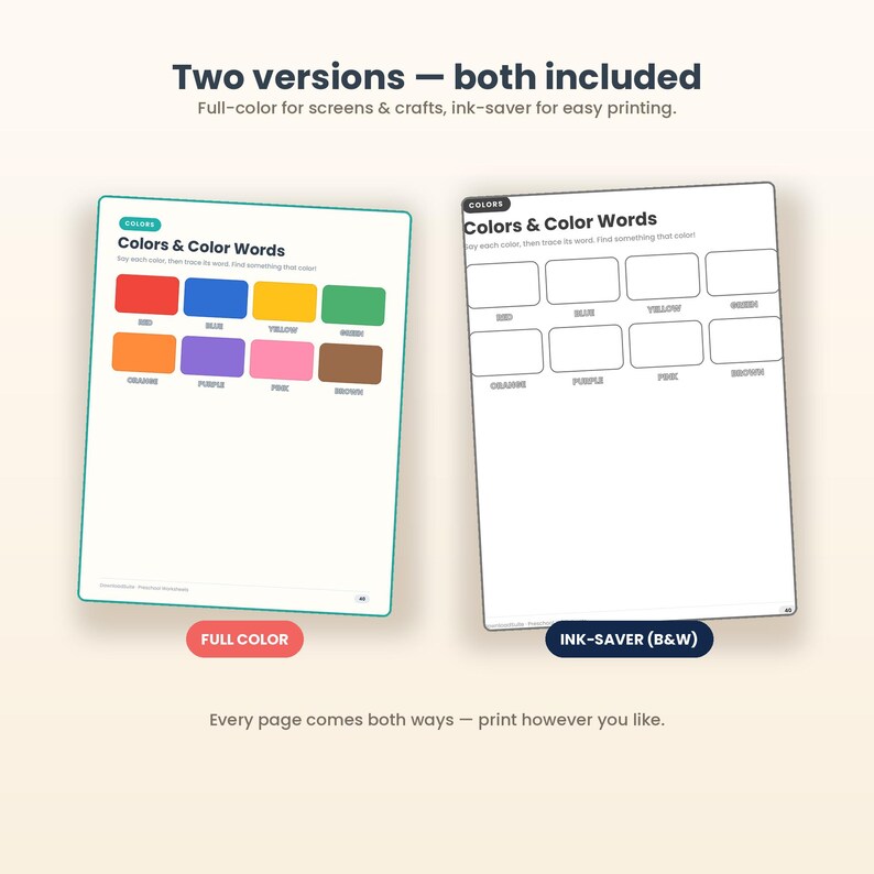 Puede incluir: Dos hojas de trabajo educativas tituladas Colors & Color Words. Una versi&oacute;n presenta ocho rect&aacute;ngulos de colores con las etiquetas red, blue, yellow, green, orange, purple, pink y brown. La segunda versi&oacute;n es un contorno en blanco y negro para calcar.