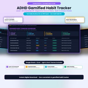 Puede incluir: Un panel digital de seguimiento de hábitos gamificado para TDAH, compatible con Google Sheets y Excel. La interfaz oscura con acentos morados y turquesas muestra el nivel del personaje, XP, escudos de racha y tareas diarias.