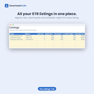 May include: A digital interface titled DownloadSuite displaying a table of short-term rental listings. The table includes columns for Listing, Address, Bedrooms, Nightly Rate, Cleaning Fee, Available Nights, and Monthly Cost for three properties.