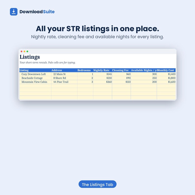 May include: A digital interface titled DownloadSuite displaying a table of short-term rental listings. The table includes columns for Listing, Address, Bedrooms, Nightly Rate, Cleaning Fee, Available Nights, and Monthly Cost for three properties.