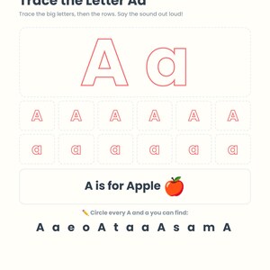 Puede incluir: Una hoja de trabajo educativa imprimible para trazar la letra Aa, con contornos grandes de A may&uacute;scula y a min&uacute;scula, filas de letras para trazar, el texto A is for Apple con un icono de manzana y una tarea para rodear cada A y a.