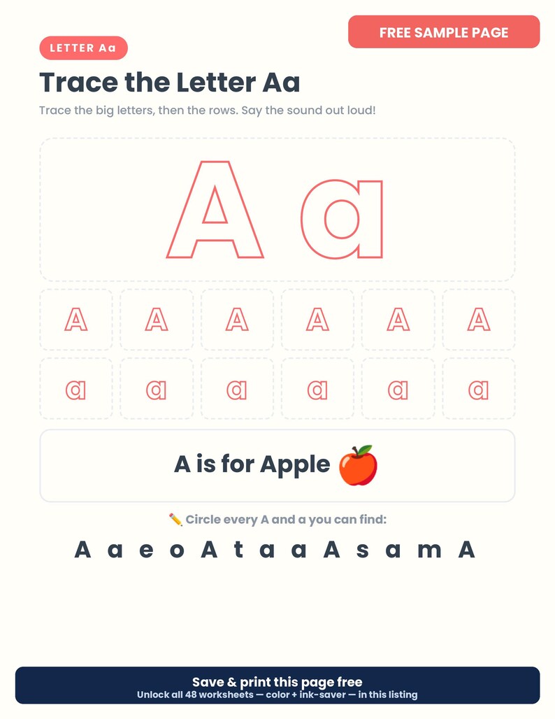Puede incluir: Una hoja de trabajo educativa imprimible para trazar la letra Aa, con contornos grandes de A may&uacute;scula y a min&uacute;scula, filas de letras para trazar, el texto A is for Apple con un icono de manzana y una tarea para rodear cada A y a.