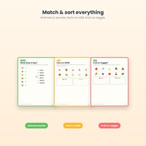 Op de afbeelding: Drie educatieve activiteitenpagina's getiteld Match & sort everything. De groene pagina bevat dierengeluiden, de gele pagina vraagt Farm or Wild en de rode pagina vraagt Fruit or Veggie. Elke pagina bevat iconen en tekst voor oefeningen.