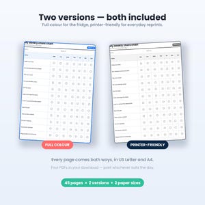 May include: Two versions of a weekly chore chart, one in full color and one in black and white printer-friendly format. Each chart features a grid layout with columns for days of the week and rows for tasks like making beds and homework.