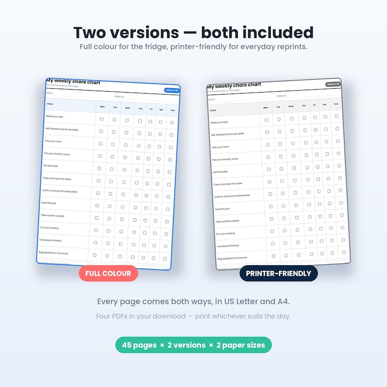 May include: Two versions of a weekly chore chart, one in full color and one in black and white printer-friendly format. Each chart features a grid layout with columns for days of the week and rows for tasks like making beds and homework.