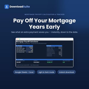 May include: A digital mortgage payoff calculator and tracker interface titled DownloadSuite. The display shows financial data tables for loan amounts, interest rates, and savings projections. Buttons below indicate compatibility with Google Sheets and Excel.