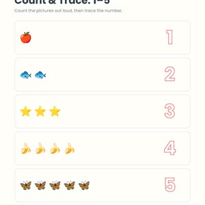 Puede incluir: Una hoja de trabajo educativa imprimible titulada Count & Trace: 1-5 que presenta filas con ilustraciones de una manzana, peces, estrellas, pl&aacute;tanos y mariposas junto a n&uacute;meros para trazar. La p&aacute;gina incluye una etiqueta Free Sample Page y texto.