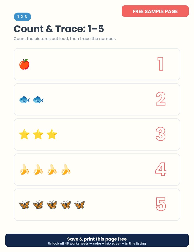 Puede incluir: Una hoja de trabajo educativa imprimible titulada Count & Trace: 1-5 que presenta filas con ilustraciones de una manzana, peces, estrellas, pl&aacute;tanos y mariposas junto a n&uacute;meros para trazar. La p&aacute;gina incluye una etiqueta Free Sample Page y texto.