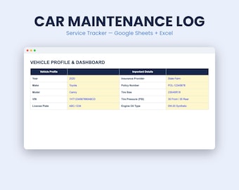 Feuille de calcul pour l'entretien automobile : suivi des services, des réparations et de la consommation de carburant (Google Sheets et Excel).