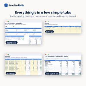 May include: A digital software interface titled DownloadSuite featuring four distinct tabs: STR Performance Dashboard, Listings, Bookings, and Tax Summary. The layout displays organized tables, financial data, and rental property management metrics.