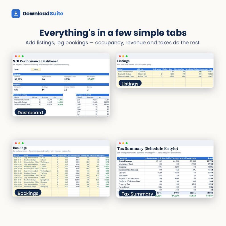 May include: A digital software interface titled DownloadSuite featuring four distinct tabs: STR Performance Dashboard, Listings, Bookings, and Tax Summary. The layout displays organized tables, financial data, and rental property management metrics.