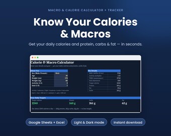Feuille de calcul de suivi des macros et des calories, calculateur de calories et journal alimentaire pour Google Sheets et Excel, planificateur de macros pour la perte de poids, couleurs claires et foncées