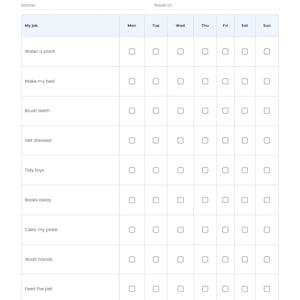 May include: A printable weekly chore chart for children ages 3-5, featuring a grid with rows for tasks like water a plant, make my bed, brush teeth, get dressed, tidy toys, books away, clear my plate, wash hands, and feed the pet with checkboxes.